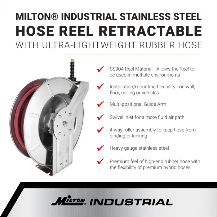 2751-5014SS - Milton® Industrial Stainless Steel Hose Reel Retractable, 1/4" ID x 50' Ultra-Lightweight Rubber Hose w/ 1/4" NPT, 300 PSI