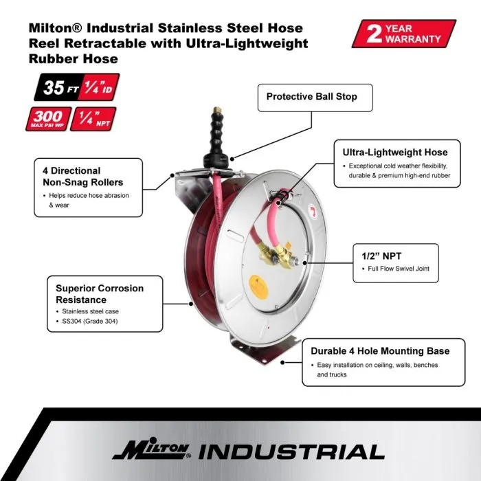 2755-3538SS - Milton® Industrial Stainless Steel Hose Reel Retractable, 3/8" ID x 35' EPDM Hose w/ 3/8" NPT, 300 PSI