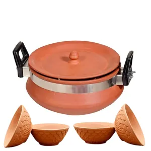 2L Clay Handi with Free Set of 2 Curd Bowls | Handmade Eco-friendly Terracotta Cookware | Organic Earthen | Sustainable Cookware Set