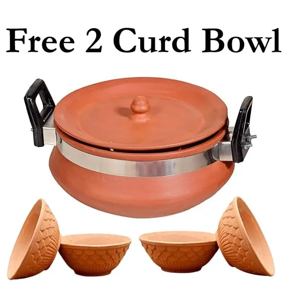 2L Clay Handi with Free Set of 2 Curd Bowls | Handmade Eco-friendly Terracotta Cookware | Organic Earthen | Sustainable Cookware Set