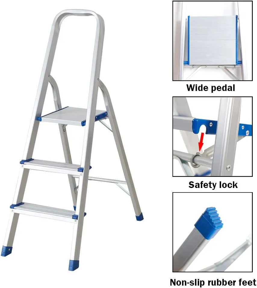 3 Step Non-Slip Aluminum Ladder Folding Platform Stool, 220 lbs Load Capacity