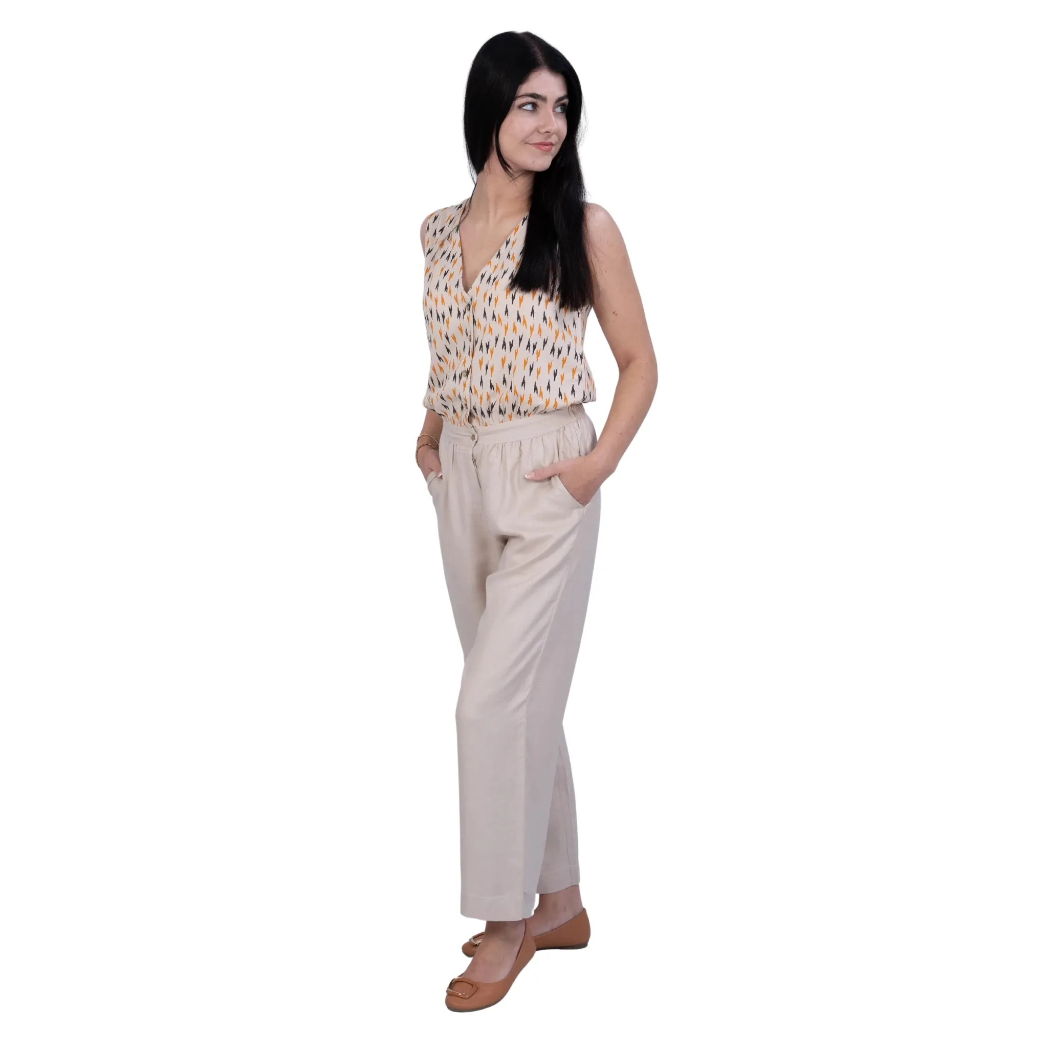 Beige Chevron Linen Jumpsuit | Women's Sustainable Fashion