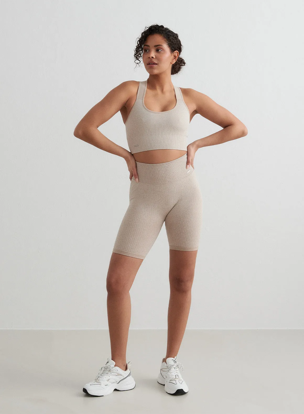 Beige Ribbed Seamless Biker Shorts