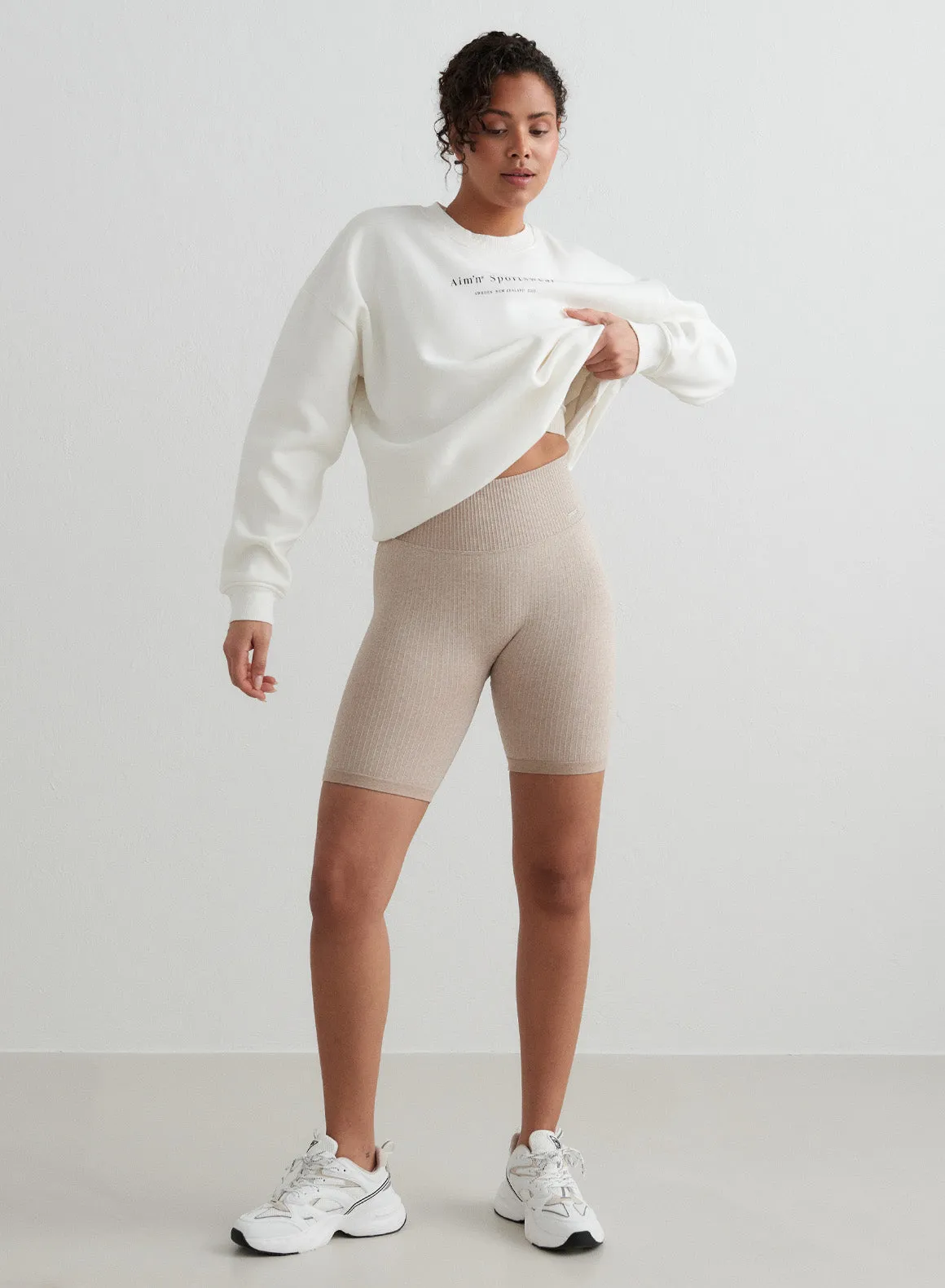 Beige Ribbed Seamless Biker Shorts