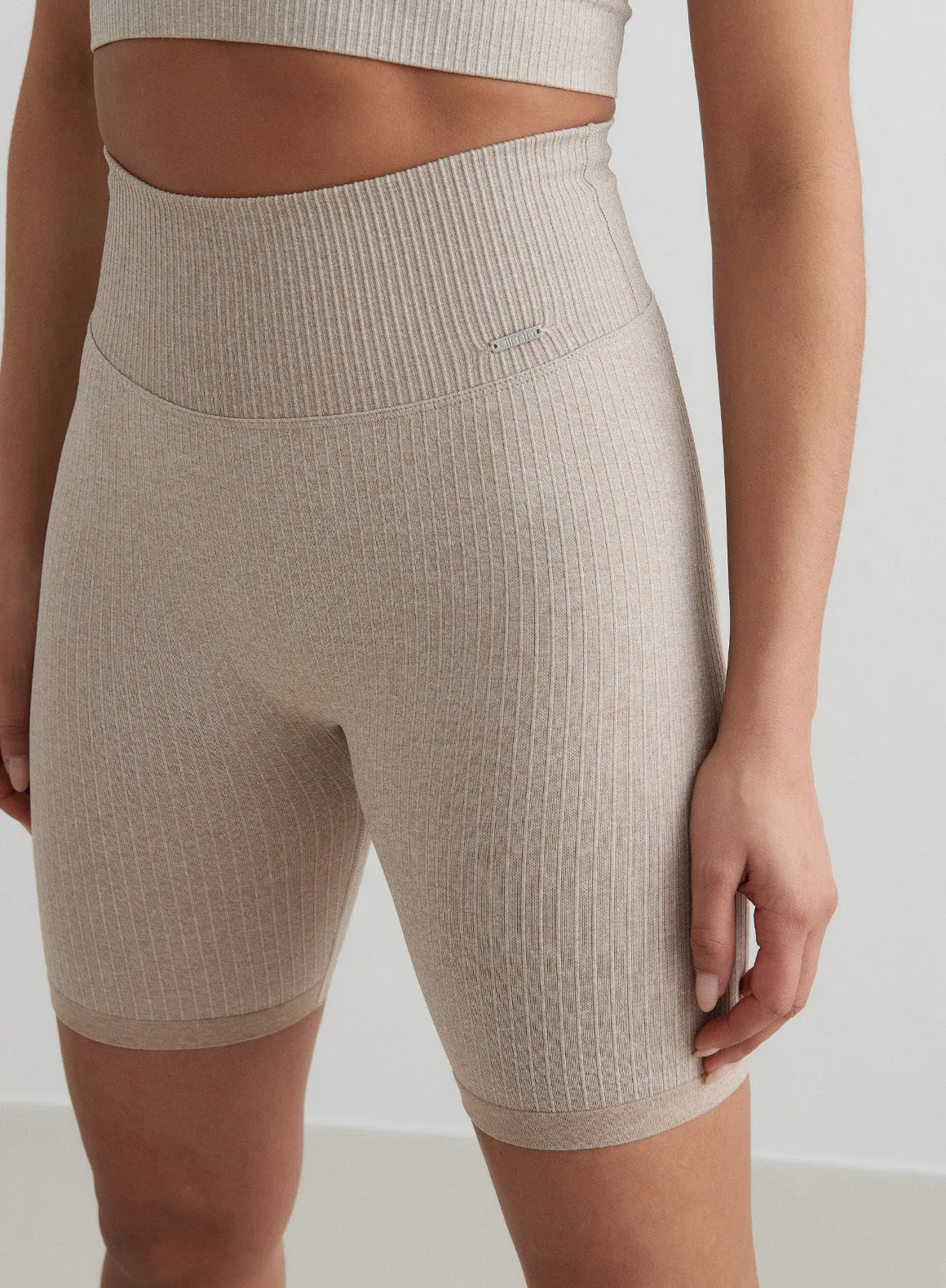 Beige Ribbed Seamless Biker Shorts