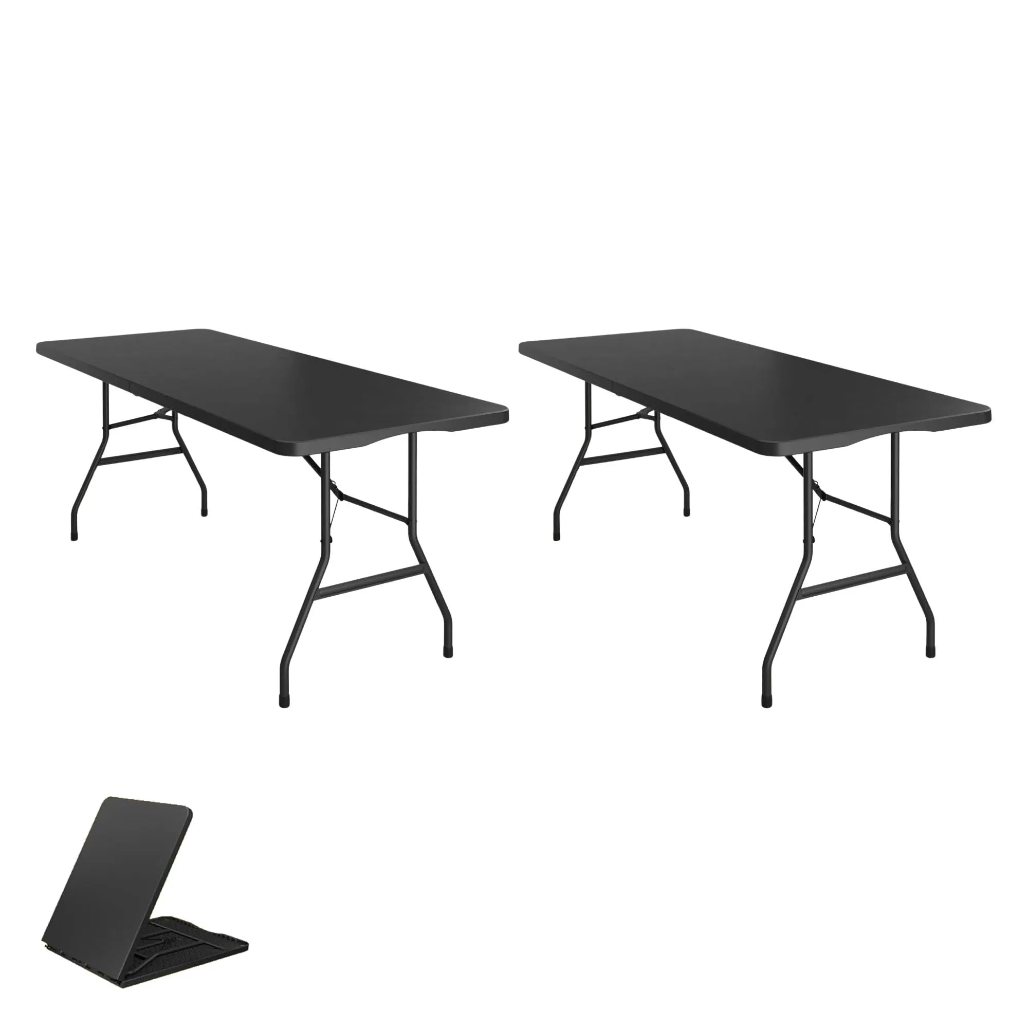 BTExpert Fold-in-Half Folding Utility Table 6 Feet 72"x 29.5" Lightweight Portable Carrying Handle Indoor Outdoor Picnic Camping Office Home Party Wedding Event Easy to Clean Store Care Black Set of 2