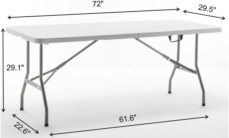 BTExpert Fold-in-Half Folding Utility Table 6 Feet 72"x 29.5" Lightweight Portable Carrying Handle Indoor Outdoor Picnic Camping Office Home Party Wedding Event Easy to Clean Store Care White Set of 2