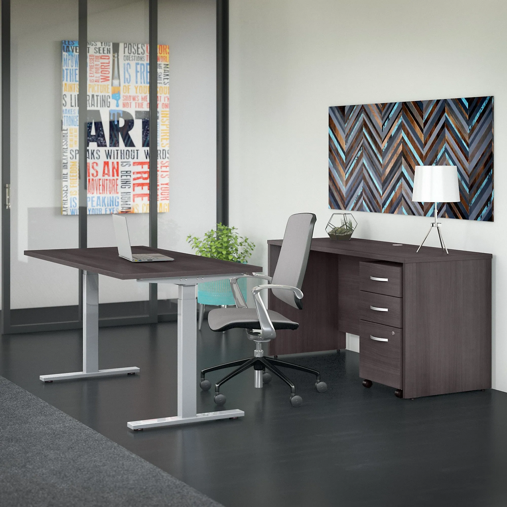 Bush Business Furniture 60W x 30D Height-Adjustable Standing Desk, Credenza and Storage