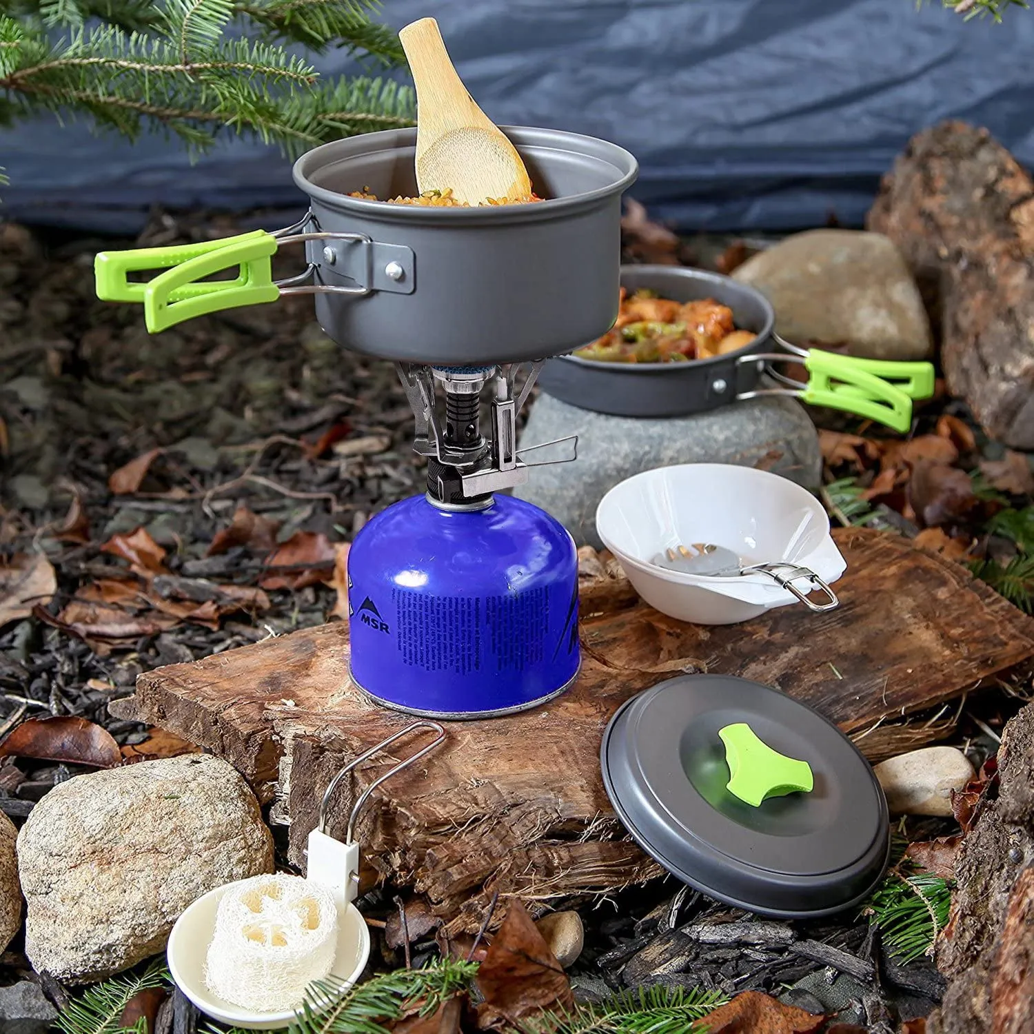 Camping Cookware Set, Anodized Aluminum Camping Pots and Pans Set, Lightweight & Compact Backpacking Cooking Set for 2-3 People Hiking Picnic Fishing