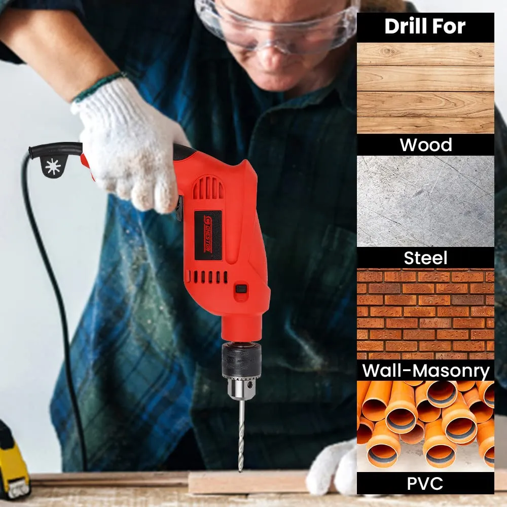 Cheston 13mm 650W Drill Machine for Home & Proffesional Use With Drill Bits for Wood Metal Wall & Screwdriver 2900RPM Powerful Electric Tool Kit Set with Copper Armature