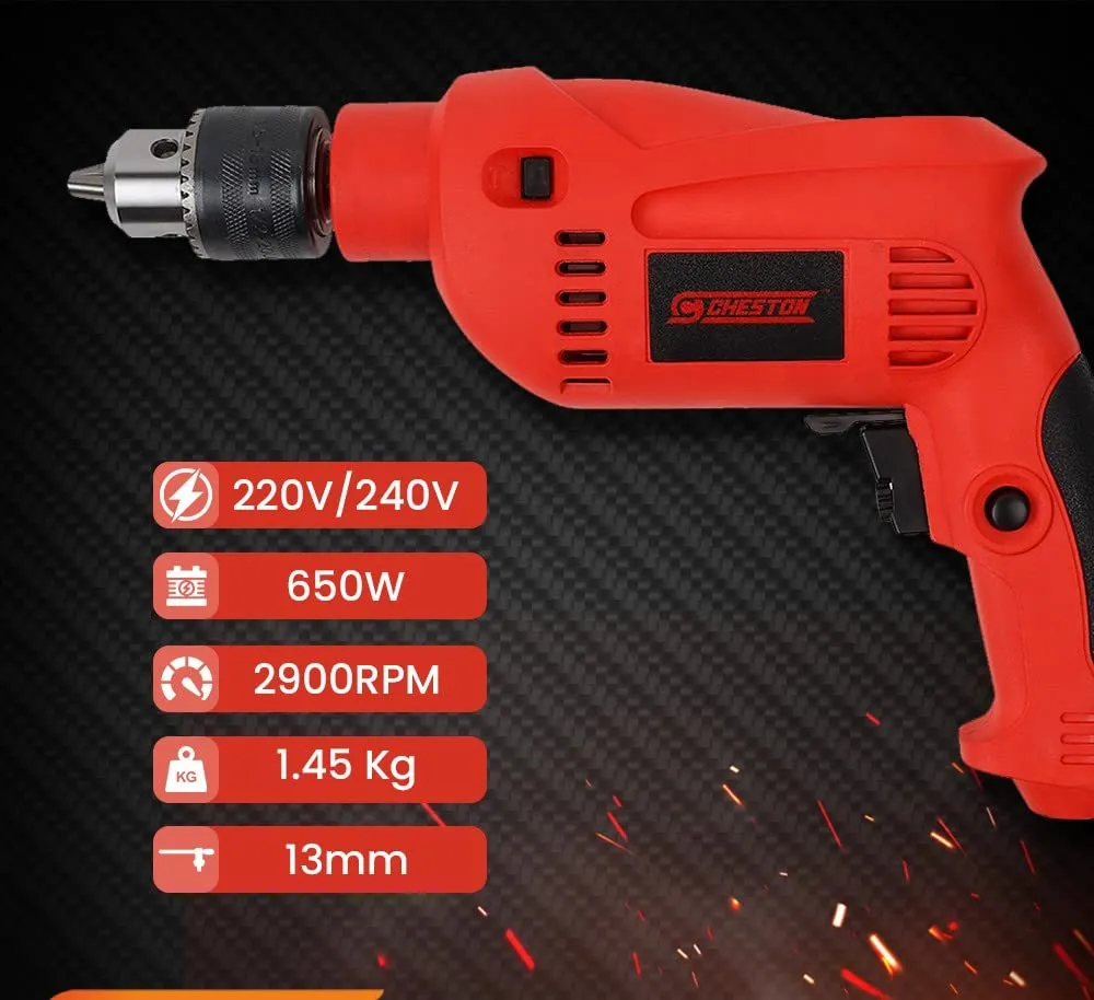 Cheston 13mm 650W Drill Machine for Home & Proffesional Use With Drill Bits for Wood Metal Wall & Screwdriver 2900RPM Powerful Electric Tool Kit Set with Copper Armature