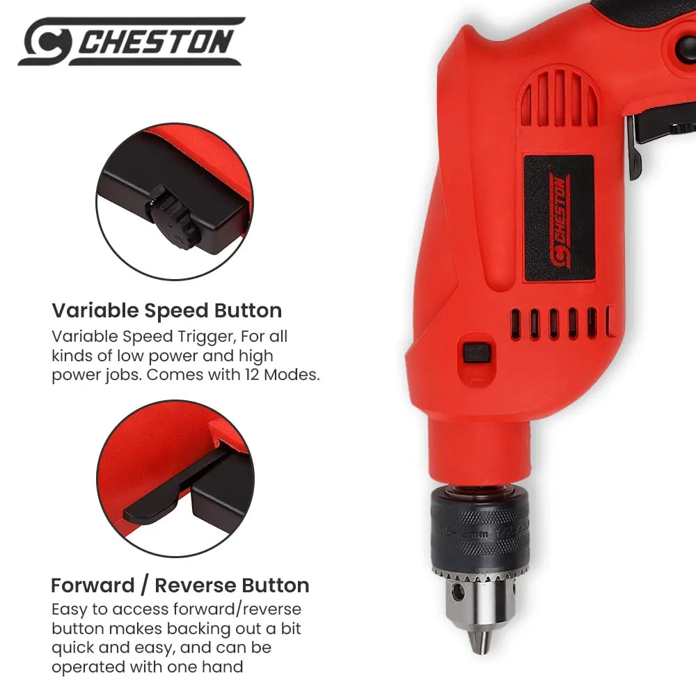 Cheston 13mm 650W Drill Machine for Home & Proffesional Use With Drill Bits for Wood Metal Wall & Screwdriver 2900RPM Powerful Electric Tool Kit Set with Copper Armature