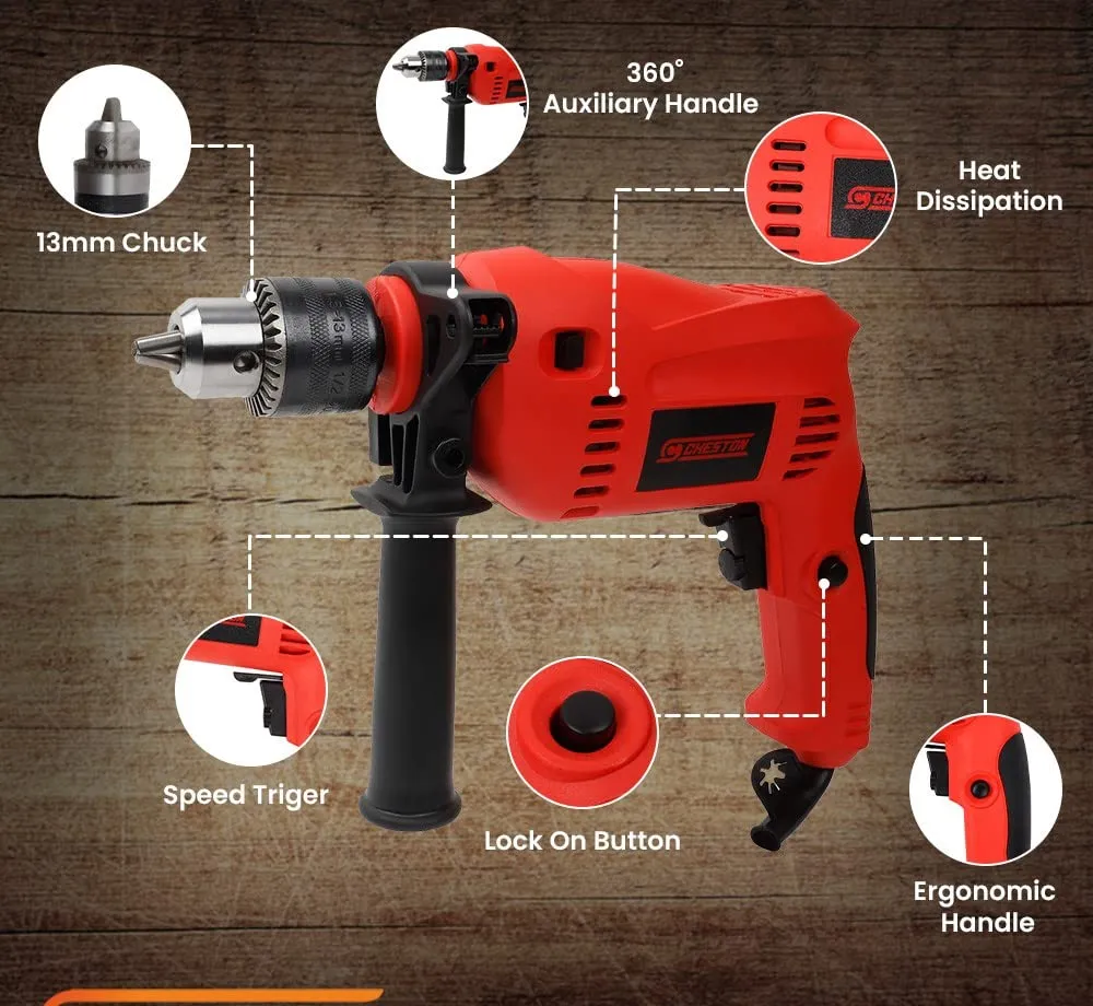 Cheston 13mm 650W Drill Machine for Home & Proffesional Use With Drill Bits for Wood Metal Wall & Screwdriver 2900RPM Powerful Electric Tool Kit Set with Copper Armature