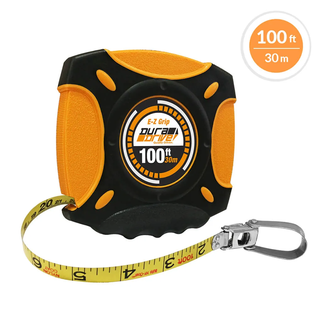 DuraDrive 100 ft./30m Imperial/Metric E-Z Grip Nylon Coated Steel Blade Closed Case Tape Measure with Folding Rewind Crank