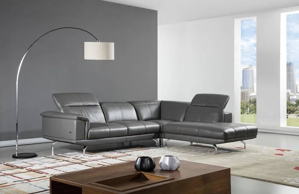 Fabio Grey Leather Sectional Sofa Dark Brown