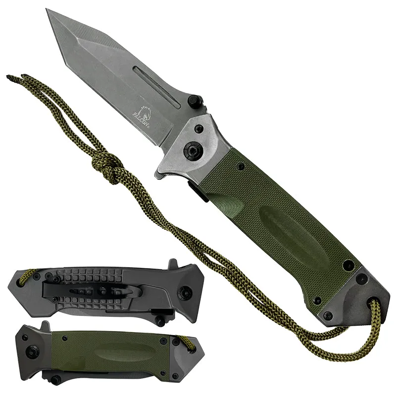 Falcon 8.75" Spring Assisted Pocket Knife Green Handle with Texture for Grip