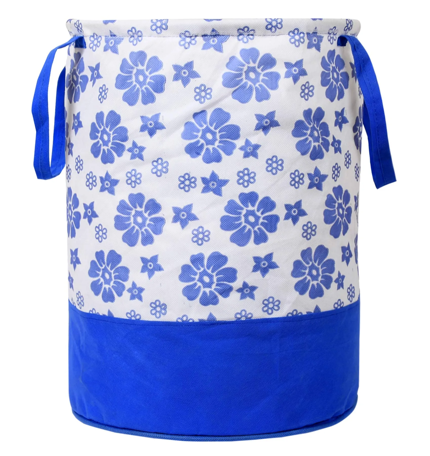 Heart Home Flower Print Round Non Woven Fabric Foldable Laundry Basket, Toy Storage Basket, Cloth Storage Basket With Handles,45 Ltr (Blue)-HEARTXY11608