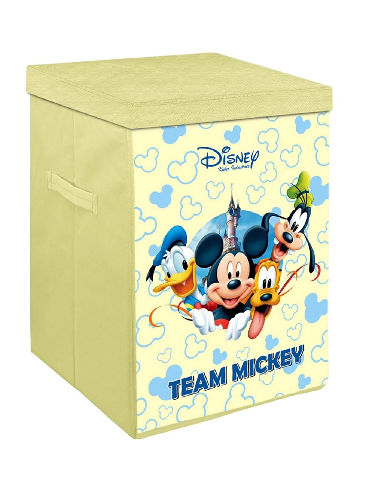 Kuber Industries Disney Team Mickey Print Non Woven Fabric Foldable Laundry Basket, Toy Storage Basket, Cloth Storage Basket With Lid & Handles (Cream)-KUBMART16288