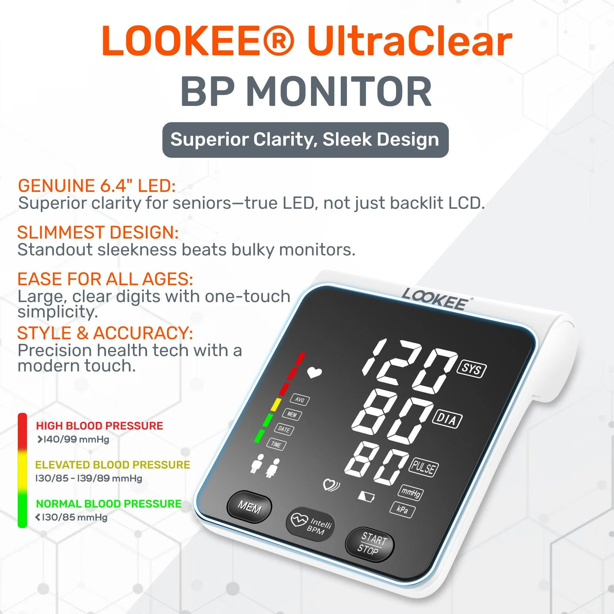 LOOKEE® A2 Premium LED Automatic Upper Arm Blood Pressure Monitor | BP Machine for Home Use | Large Genuine 6.4" LED Panel | Memories for Two Users