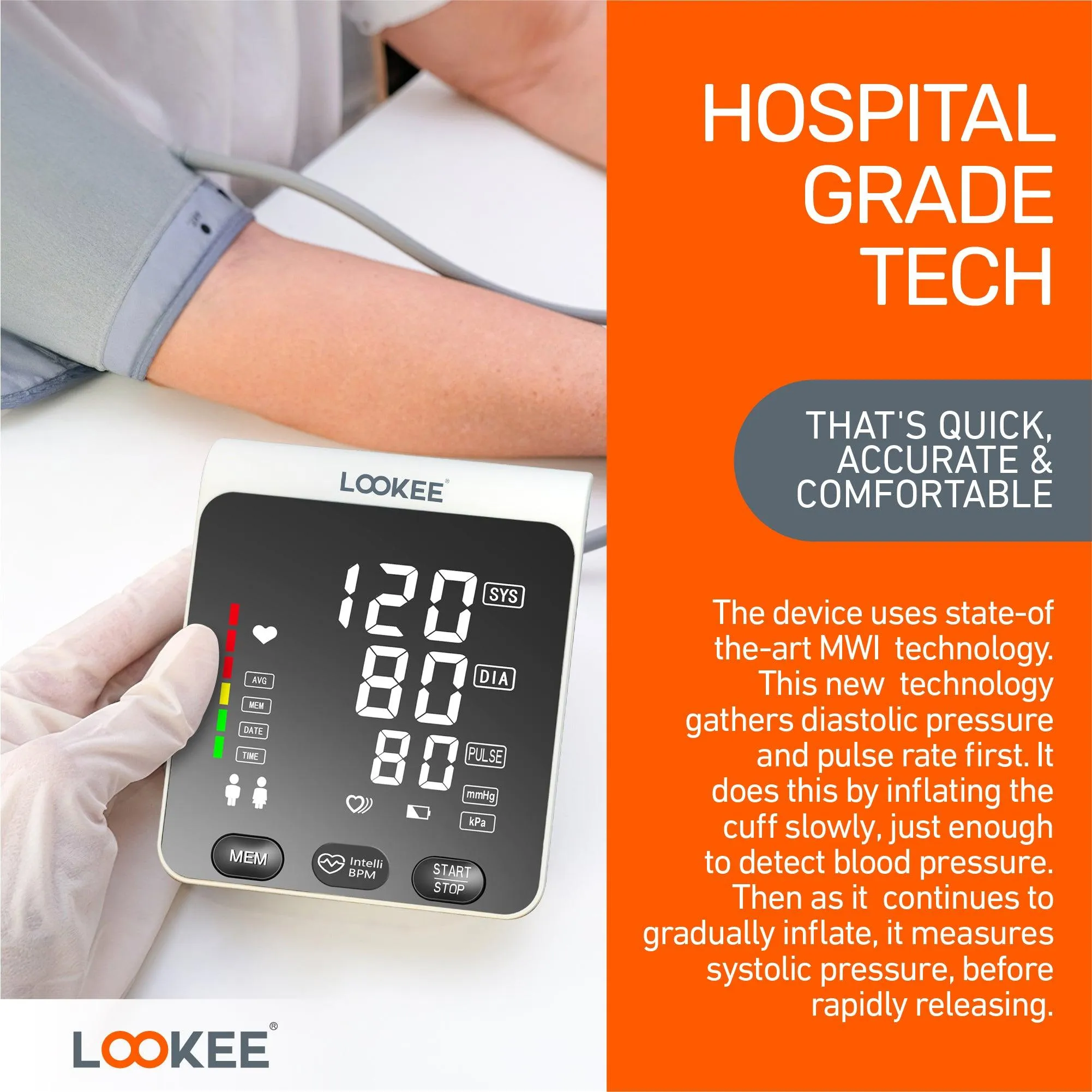 LOOKEE® A2 Premium LED Automatic Upper Arm Blood Pressure Monitor | BP Machine for Home Use | Large Genuine 6.4" LED Panel | Memories for Two Users