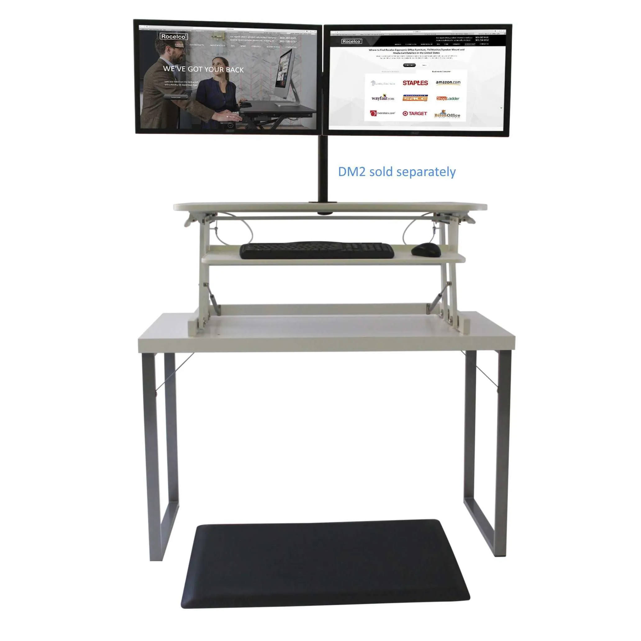 Lorell/Rocelco 37” Deluxe Height-Adjustable Standing Desk Converter w/ Anti Fatigue Mat BUNDLE, R DADRW-MAFM, White