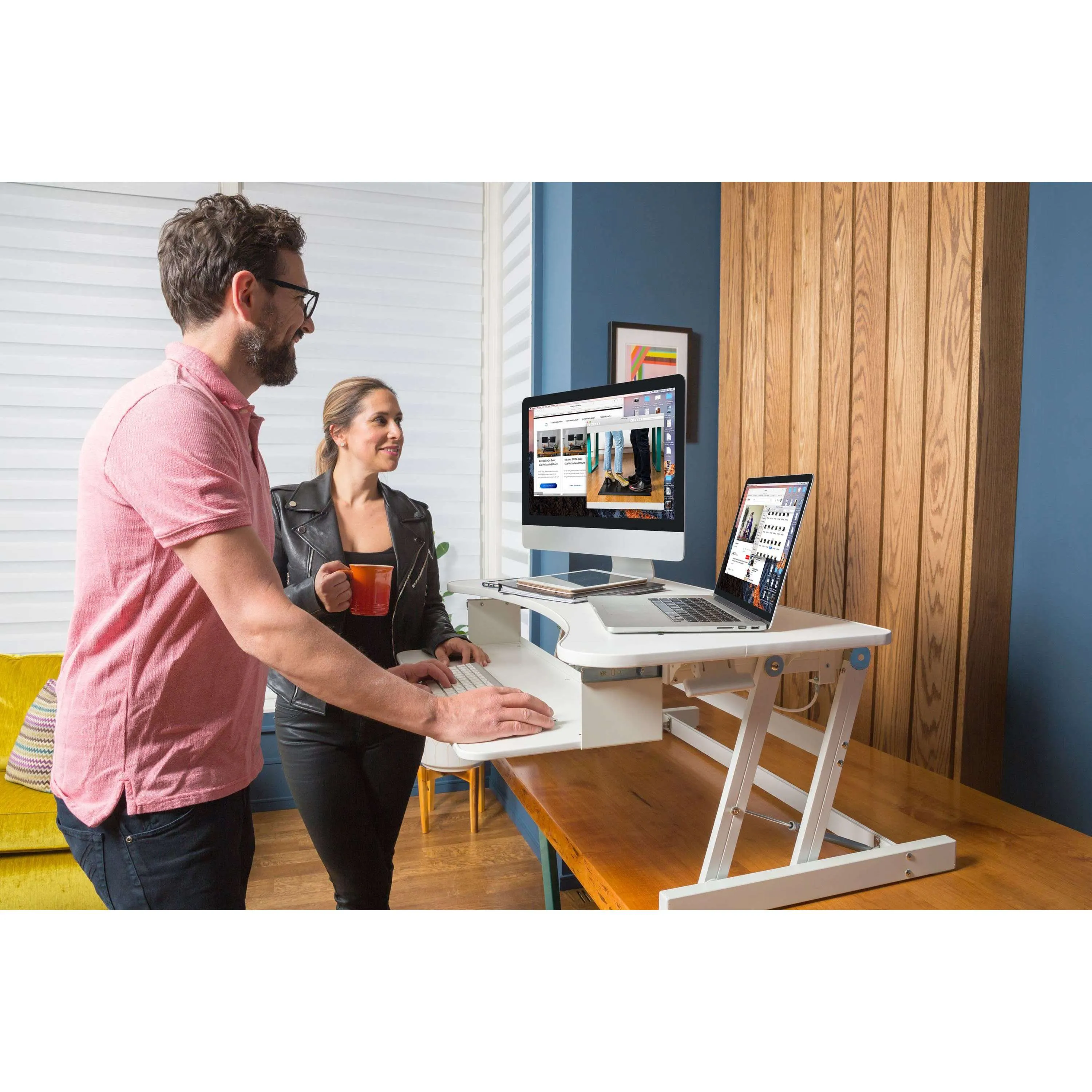 Lorell/Rocelco 37” Deluxe Height-Adjustable Standing Desk Converter w/ Anti Fatigue Mat BUNDLE, R DADRW-MAFM, White