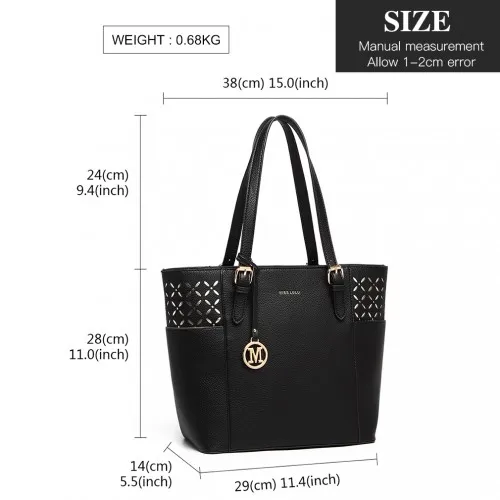 Miss Lulu Laser Cut Out Black Tote Shopper Bag – Elegant and Stylish Handbag