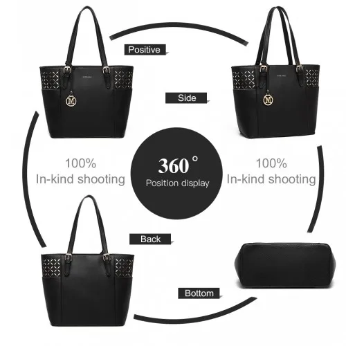 Miss Lulu Laser Cut Out Black Tote Shopper Bag – Elegant and Stylish Handbag