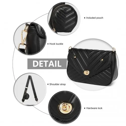 Miss Lulu V-quilted Flap Leather Shoulder Bag - Black | Premium PU Leather, Adjustable Strap, Spacious Interior