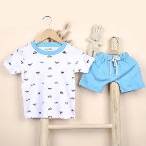 Organic Cotton Co-Ord Set For Kids | T-Shirt & Shorts | Car Printed | Blue