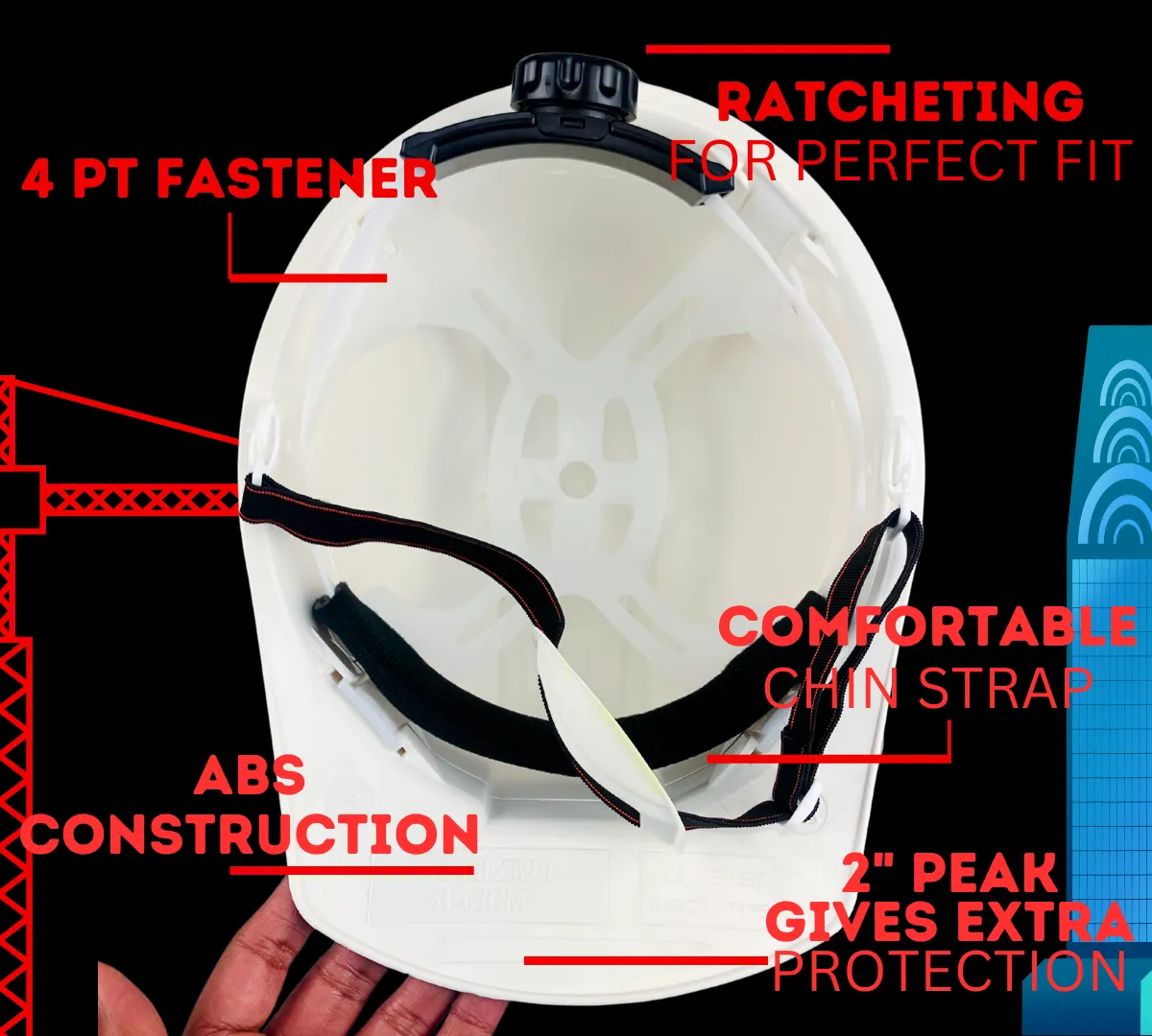 OSHA APPROVED ADULT SIZED WHITE HARD HAT WITH ADUSTABLE STRAP  - SF-97705