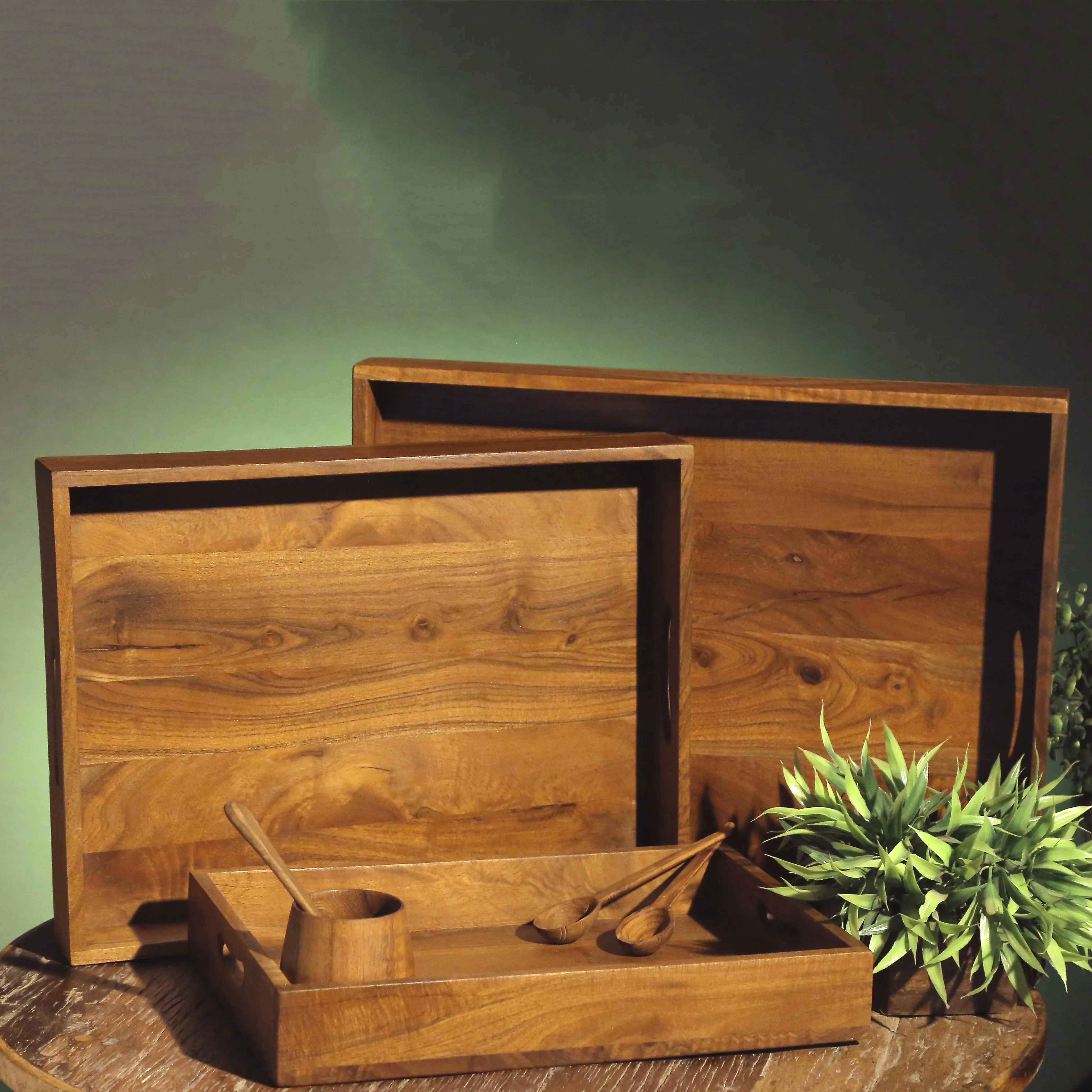 Slant Handle Wooden Tray Set