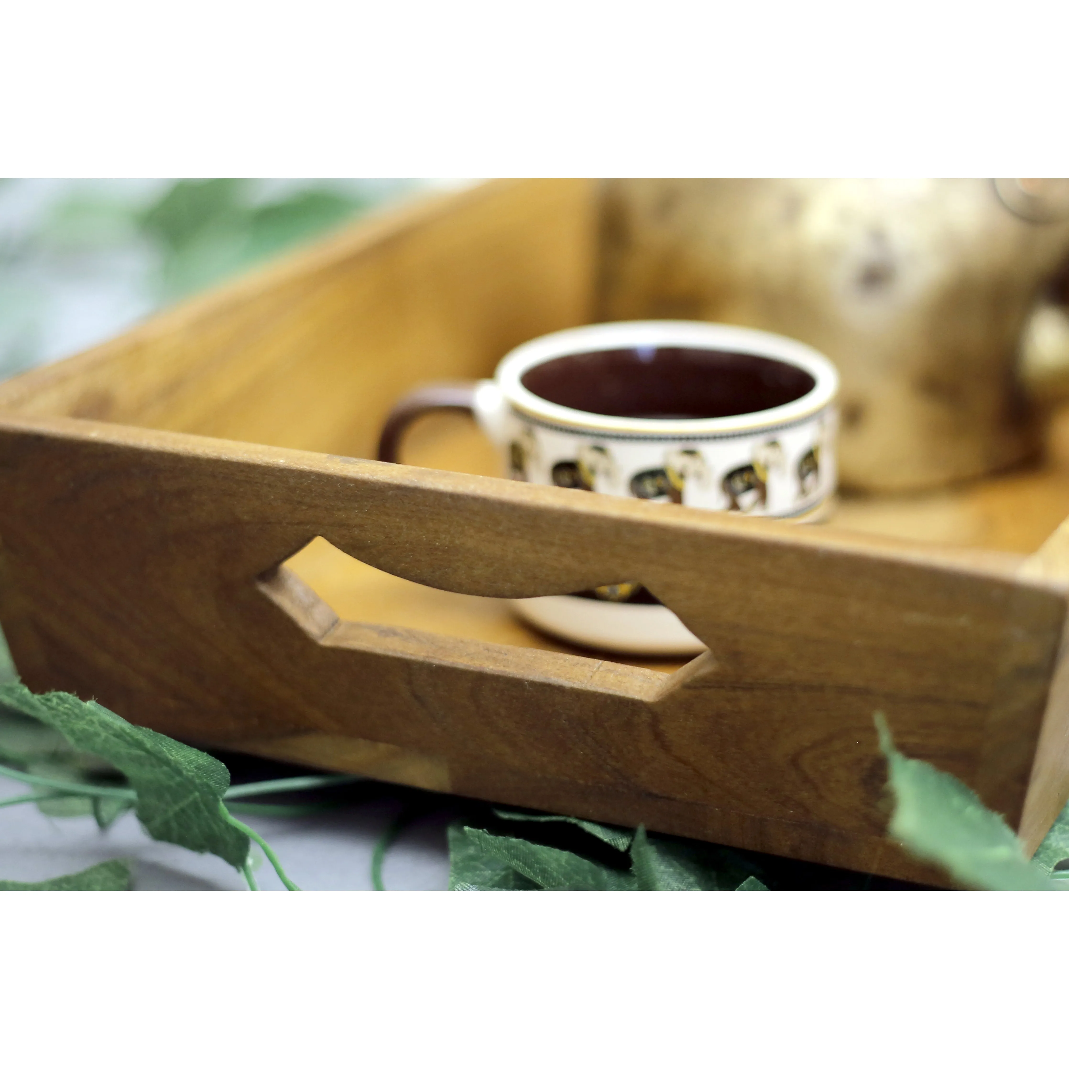 Slant Handle Wooden Tray Set