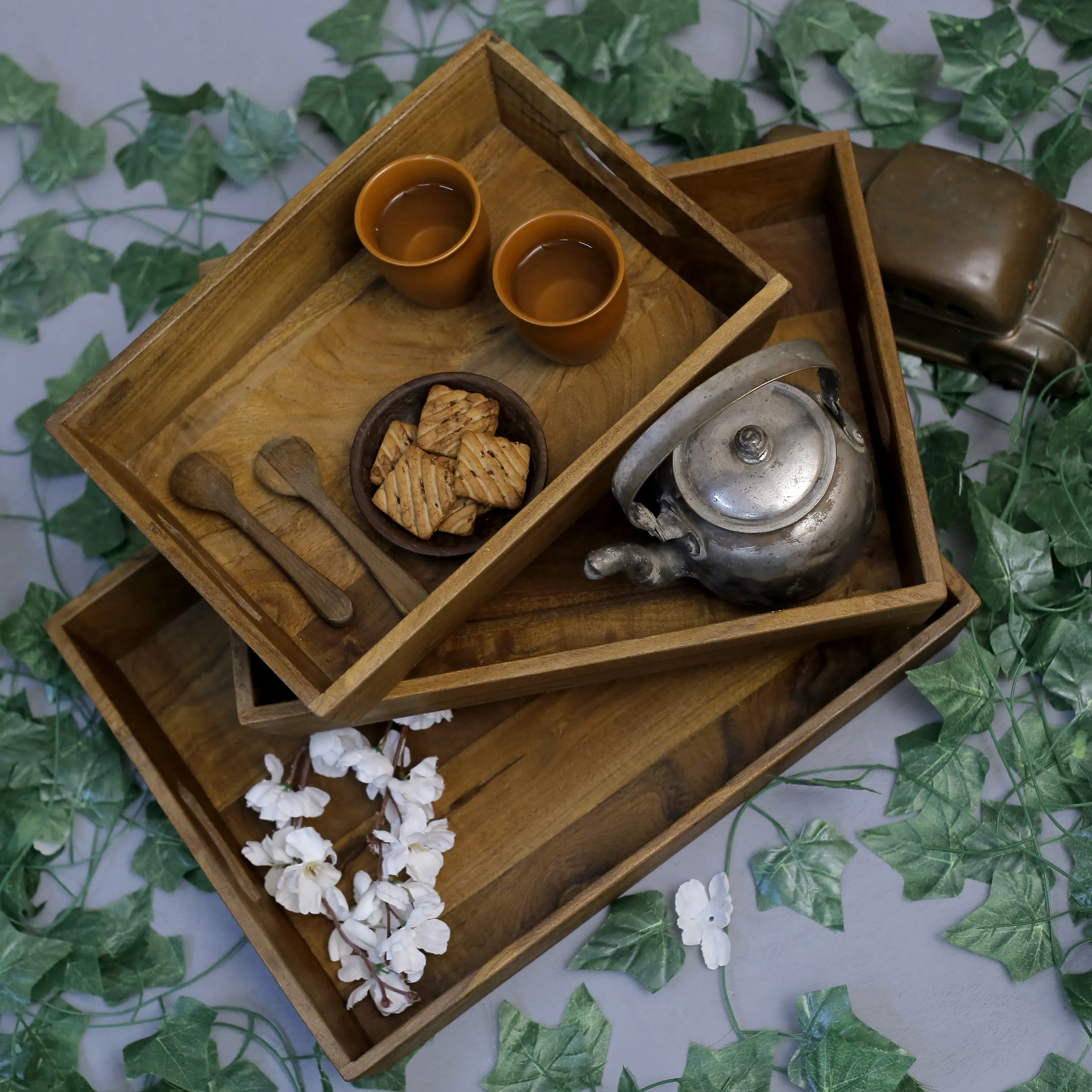 Slant Handle Wooden Tray Set