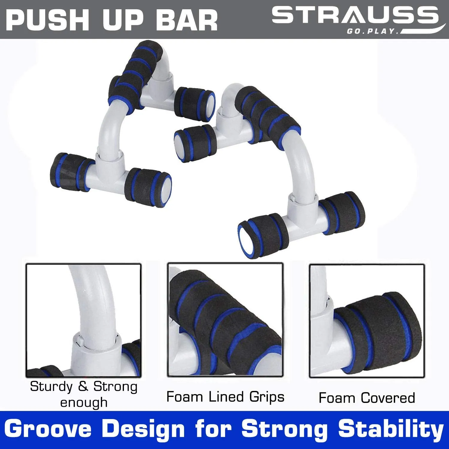 Strauss Adjustable Hand Grip Strengthener (Black/Blue) and Moto Push Up Bar, Pair (Black/Blue)