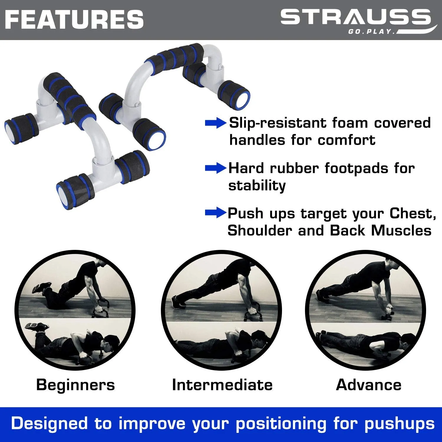 Strauss Adjustable Hand Grip Strengthener (Black/Blue) and Moto Push Up Bar, Pair (Black/Blue)