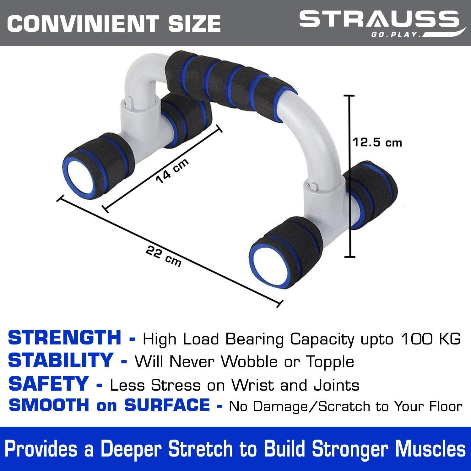 Strauss Adjustable Hand Grip Strengthener (Black/Blue) and Moto Push Up Bar, Pair (Black/Blue)