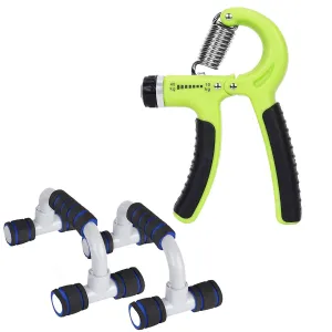 STRAUSS Adjustable Heavy-Duty Plastic Hand Grip Strengthener, (Black/Green) and Moto Push up Bar, Pair (Black/Blue)