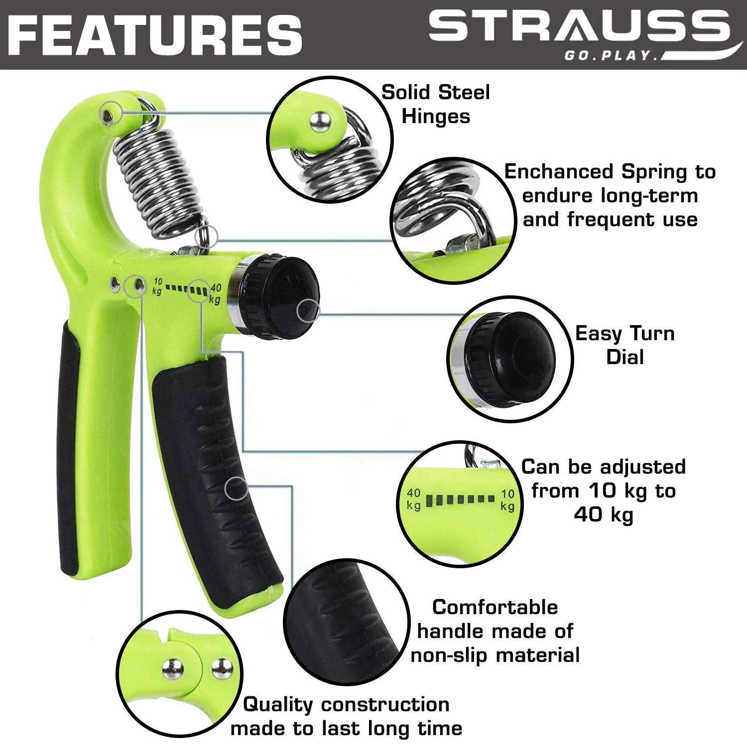 STRAUSS Adjustable Heavy-Duty Plastic Hand Grip Strengthener, (Black/Green) and Moto Push up Bar, Pair (Black/Blue)