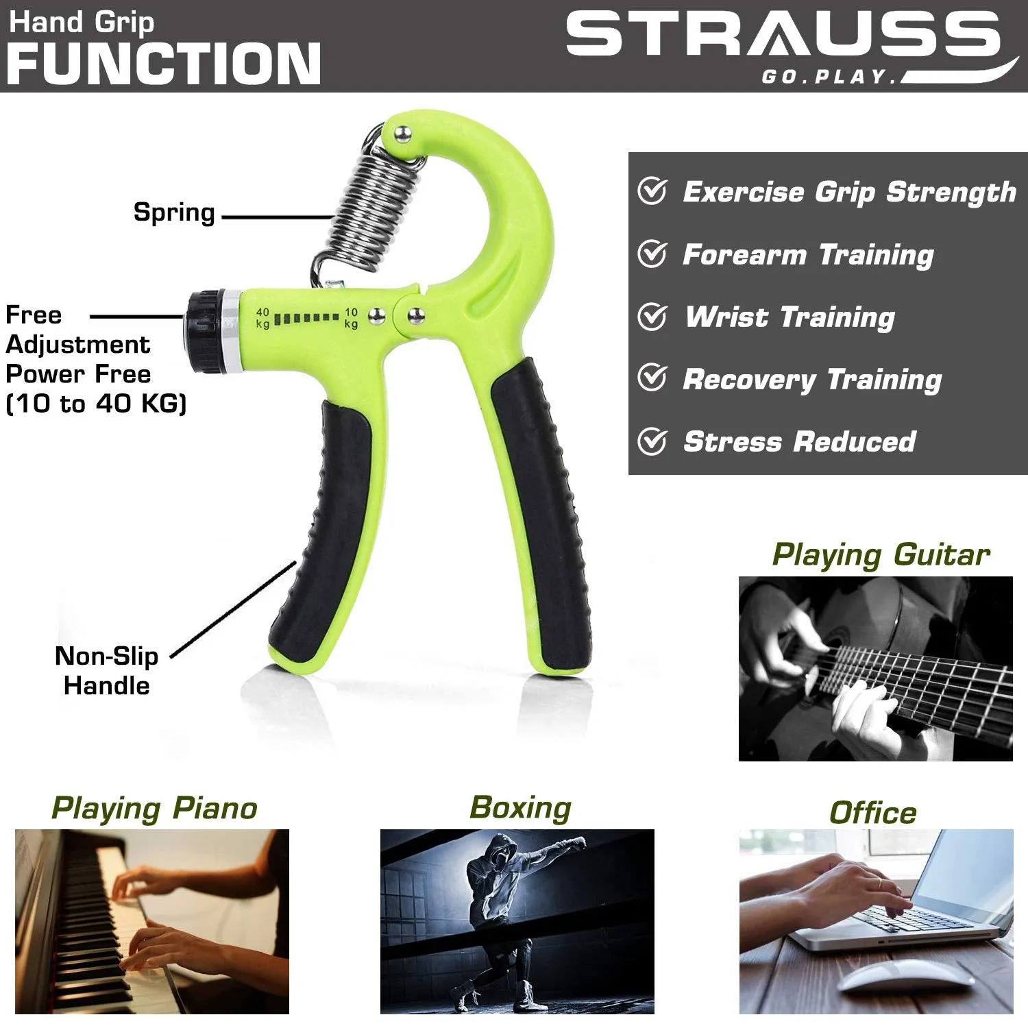 STRAUSS Adjustable Heavy-Duty Plastic Hand Grip Strengthener, (Black/Green) and Moto Push up Bar, Pair (Black/Blue)