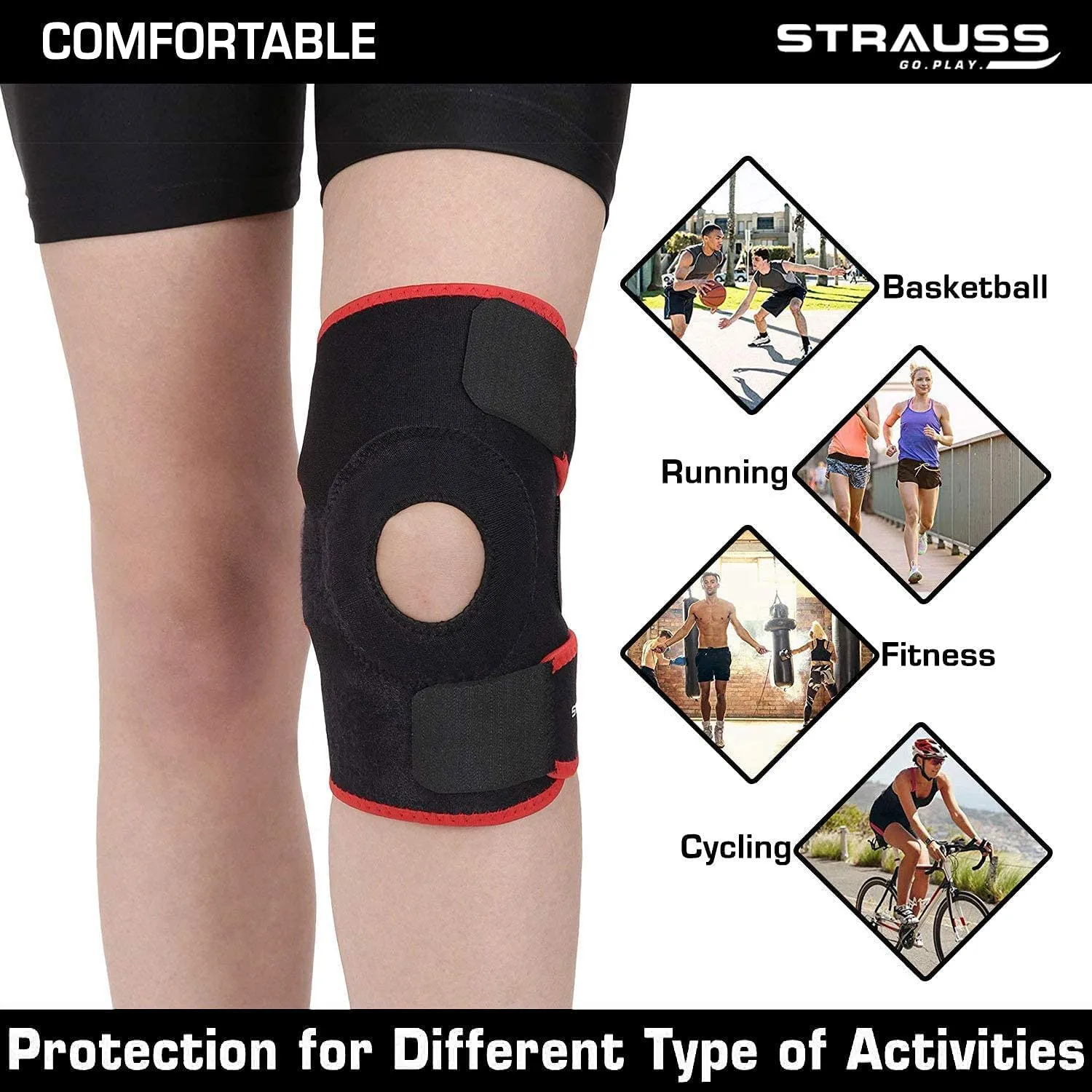 STRAUSS Adjustable Knee Support Patella, Pair, (Free Size, Black/Red), (Pack of 2)