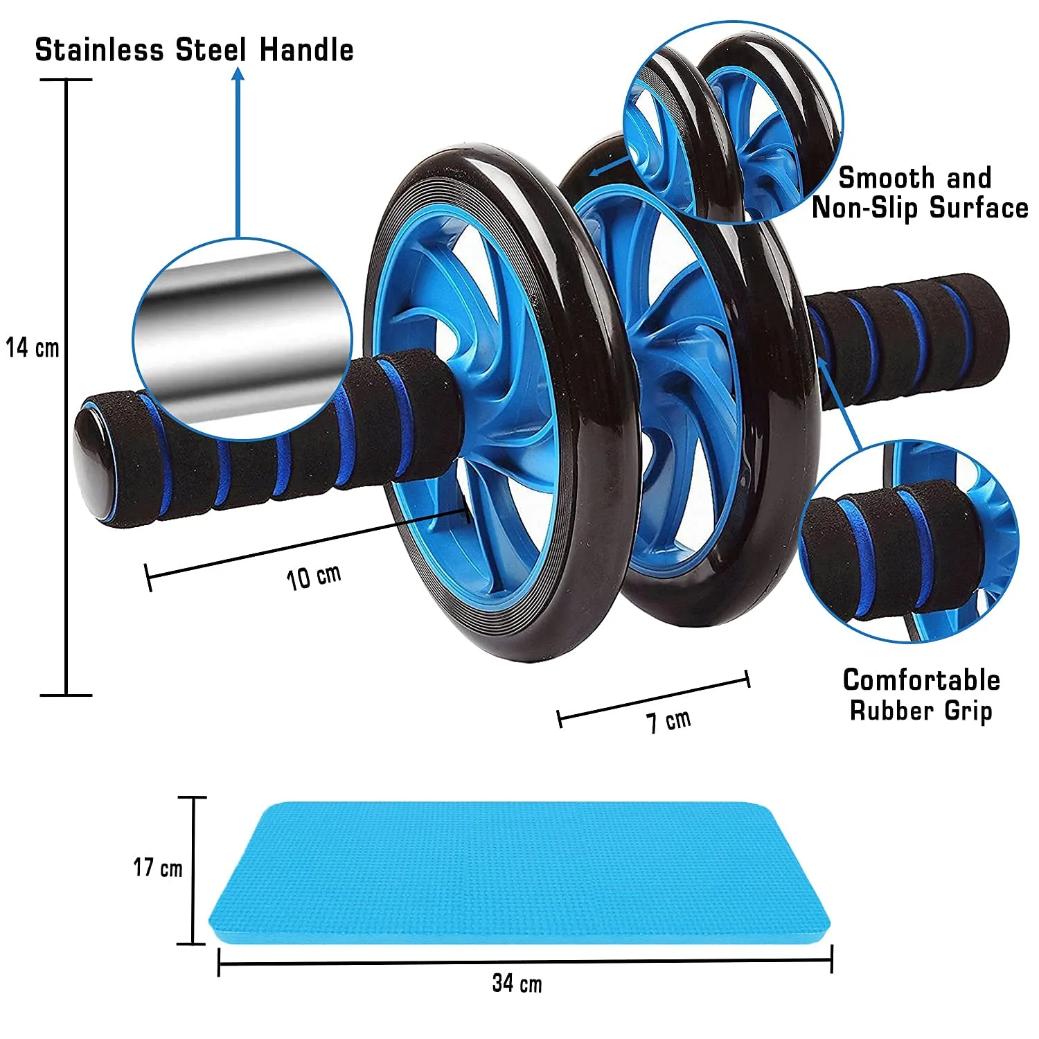 Strauss Double Wheel Ab Exerciser With Knee Mat | Anti Skid Wheel Base,Non Slip Foam Handles & Dual Abdominal Exercise | Core Workout | Ideal For Home Workout for Abs, Tummy, (Blue)