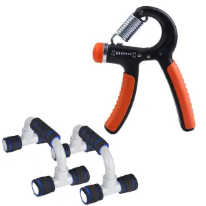 STRAUSS Heavy-Duty Plastic Adjustable Hand Grip Strengthener (Black/Orange) and Moto Push Up Bar, Pair (Black/Blue)