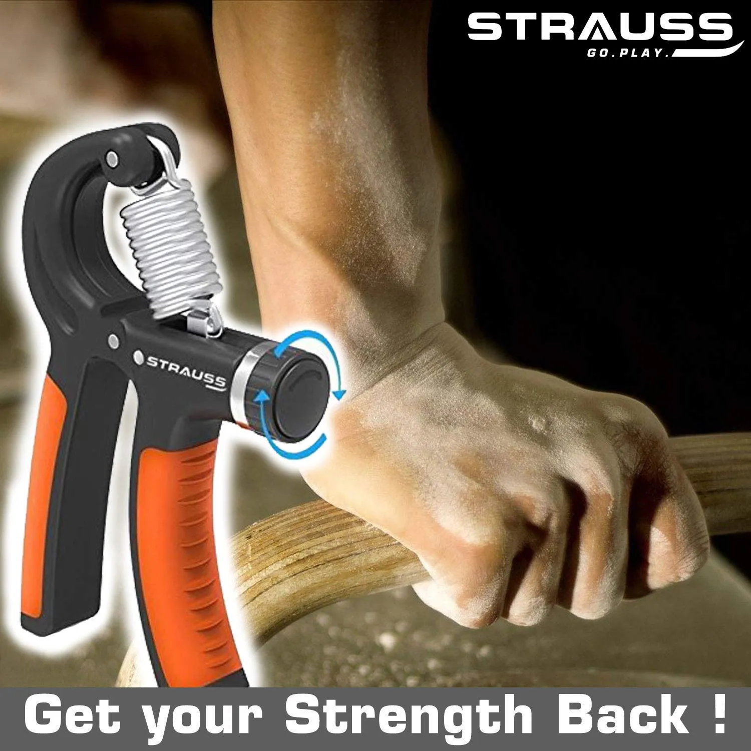 STRAUSS Heavy-Duty Plastic Adjustable Hand Grip Strengthener (Black/Orange) and Moto Push Up Bar, Pair (Black/Blue)