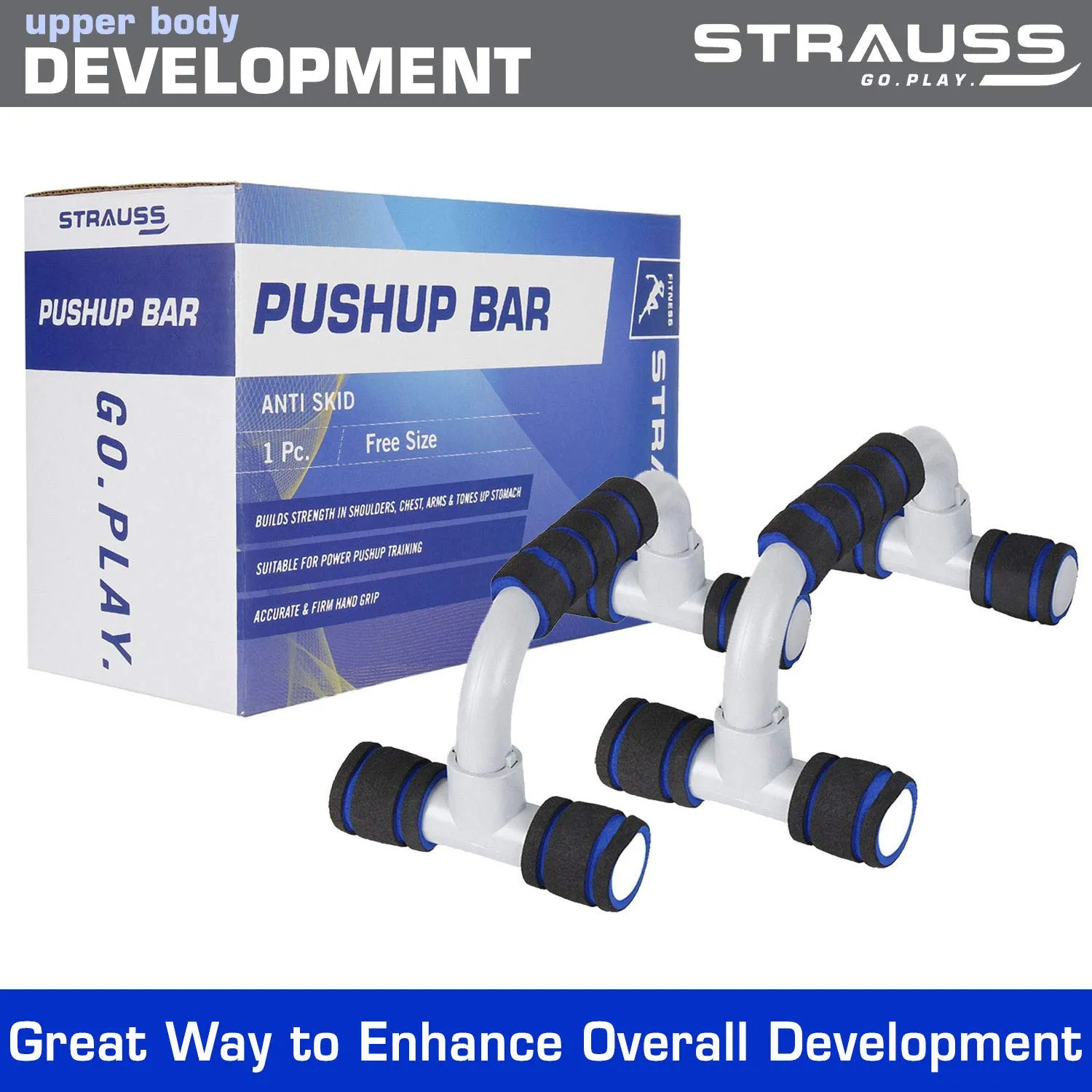 Strauss Moto Push Up Bar, Pair (Black/Blue) with Hand Grip