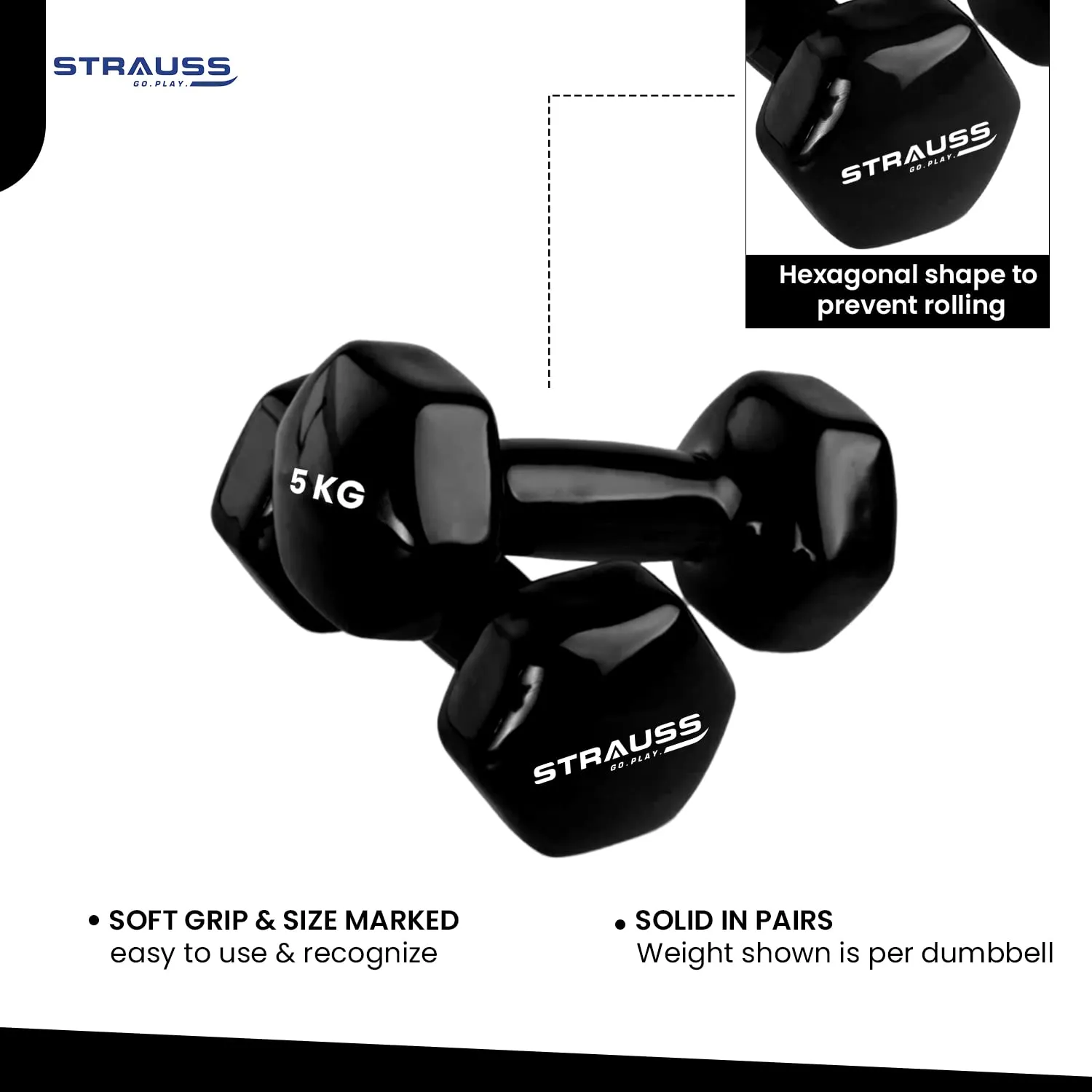 Strauss Premium Vinyl Dumbbells Weight for Men & Women | 5 Kg (Each) | 10 Kg (Pair) | Ideal for Home Workout, Yoga, Pilates, Gym Exercises | Non-Slip, Easy to Hold, Scratch Resistant (Black)