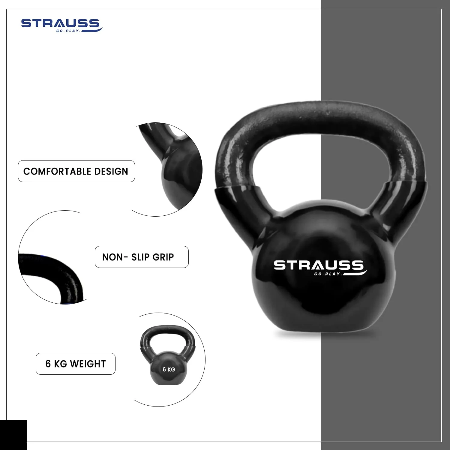 Strauss Premium Vinyl Kettlebell Weight for Men & Women | 10 Kg | Ideal for Home Workout, Yoga, Pilates, Gym Exercises | Non-Slip, Easy to Hold, Scratch Resistant (Black)