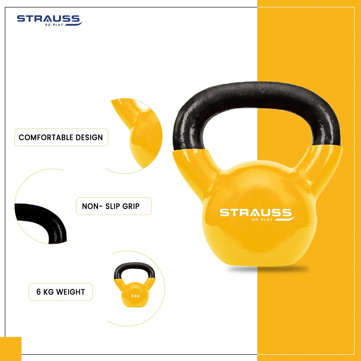 Strauss Premium Vinyl Kettlebell Weight for Men & Women | 2 Kg | Ideal for Home Workout, Yoga, Pilates, Gym Exercises | Non-Slip, Easy to Hold, Scratch Resistant (Yellow)