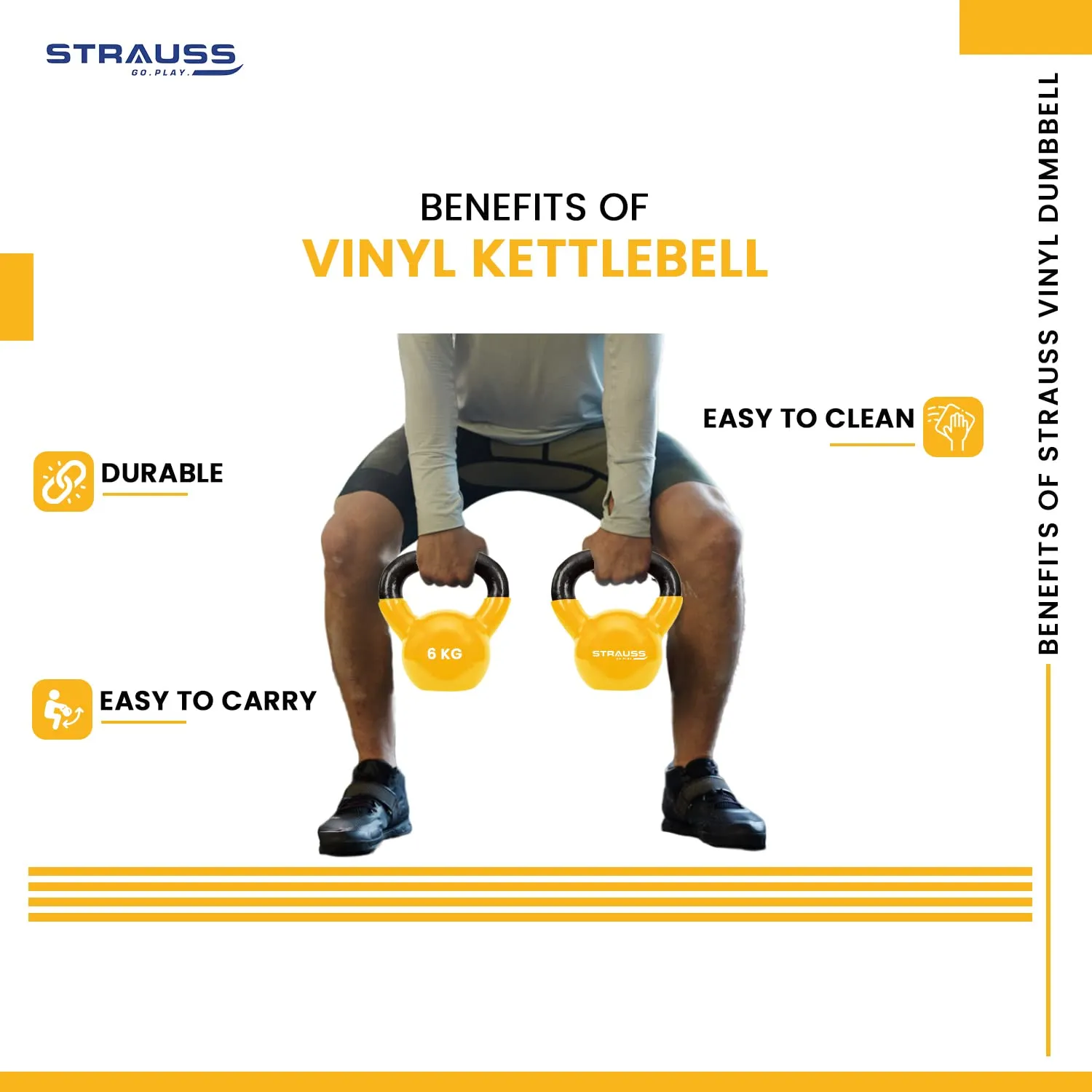 Strauss Premium Vinyl Kettlebell Weight for Men & Women | 2 Kg | Ideal for Home Workout, Yoga, Pilates, Gym Exercises | Non-Slip, Easy to Hold, Scratch Resistant (Yellow)