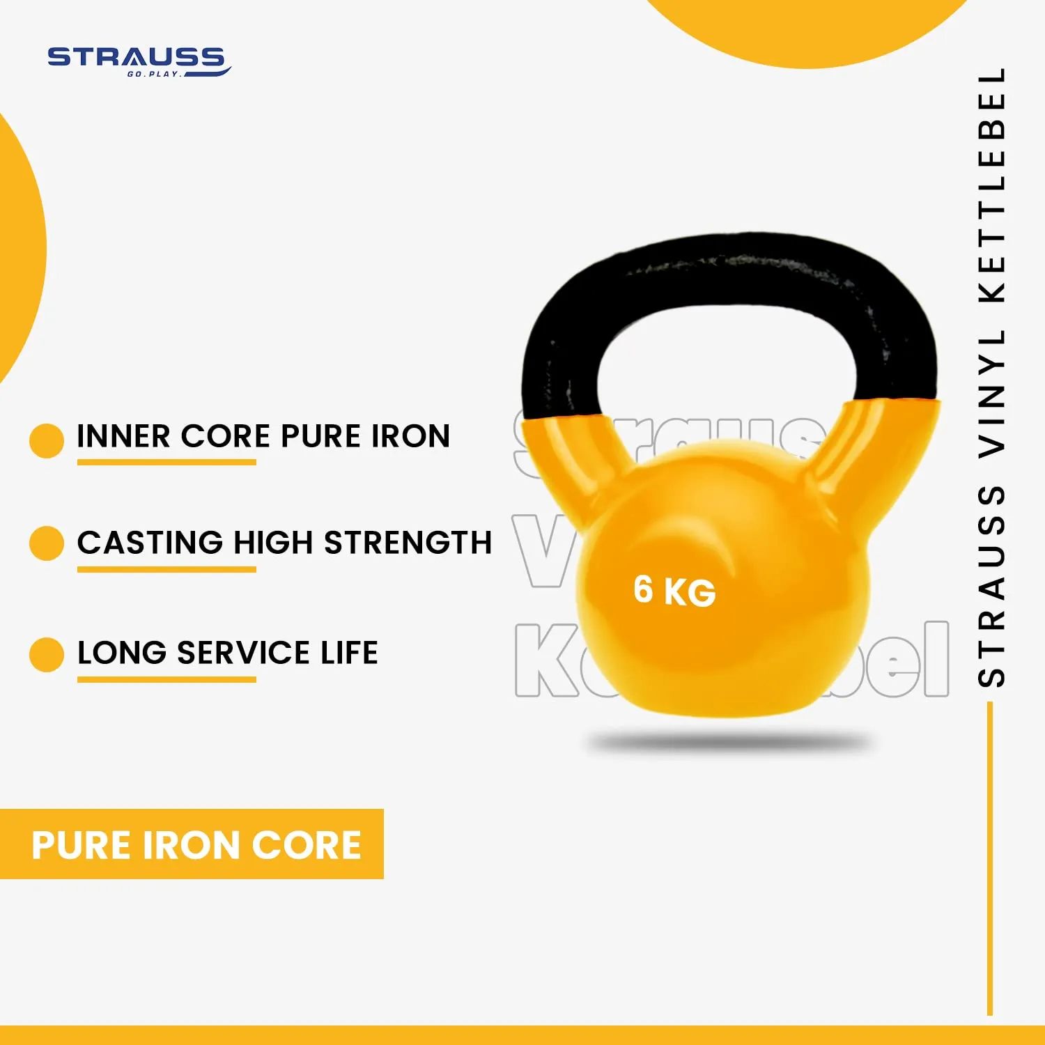 Strauss Premium Vinyl Kettlebell Weight for Men & Women | 6 Kg | Ideal for Home Workout, Yoga, Pilates, Gym Exercises | Non-Slip, Easy to Hold, Scratch Resistant (Yellow)